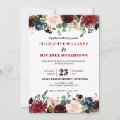 水彩ワインレッド ネイビー フローラル ラスティック ボヘミア 招待状 (正面)