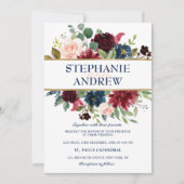 水彩ワインレッド ネイビー フローラル ラスティック ボヘミア 招待状 (正面)