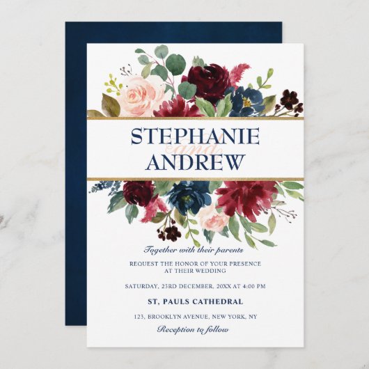 水彩ワインレッド ネイビー フローラル ラスティック ボヘミア 招待状 (正面/裏面)
