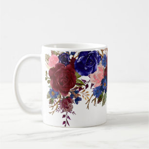 水彩ワインレッド ネイビー ローズ 花 可愛い コーヒーマグカップ