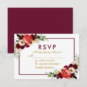水彩ワインレッド フラワー ゴールド ボヘミアンスタイル ウェディング出欠確認 出欠カード (正面/裏面)