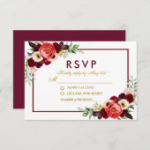 水彩ワインレッド フラワー ゴールド ボヘミア ウェディング RSVP (正面/裏面)