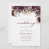 水彩ワインレッド ホワイト ゴールド フローラル ウェディング 招待状 (正面)