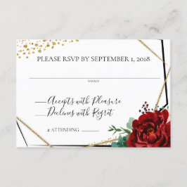 水彩ワインレッド モダン フラワー ジオメトリック RSVP 招待状