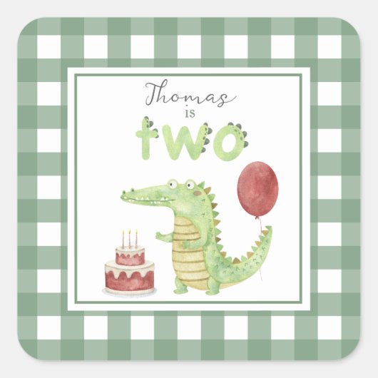 水彩ワニの2歳の誕生日 スクエアシール (正面)