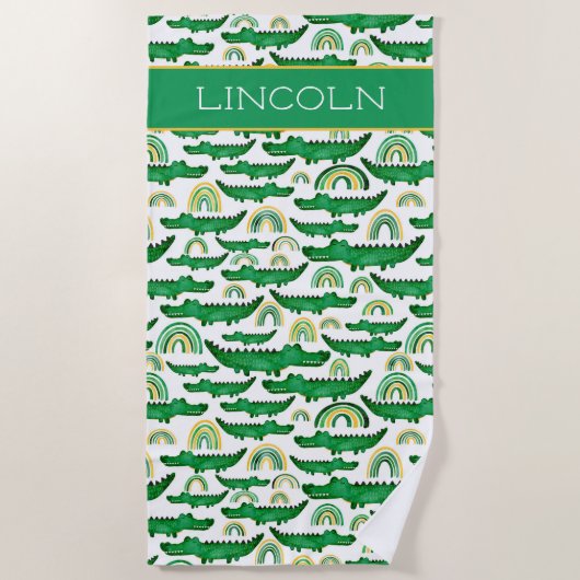 水彩ワニワニワニのワニにレインボーパーソナライズ ビーチタオル (正面)