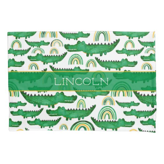 水彩ワニワニワニのワニにレインボーパーソナライズ 枕カバー (正面)