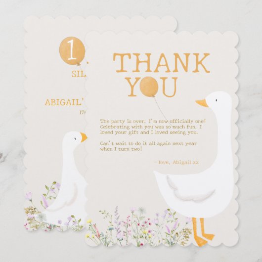 水彩ワンガチョウ間抜けワイルドフラワー1st誕生日 サンキューカード (正面/裏面)