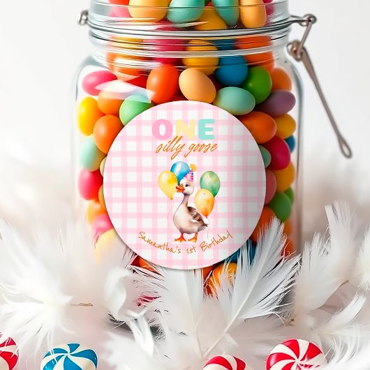 水彩ワン間抜けグースピンク1歳の誕生日 ラウンドシール