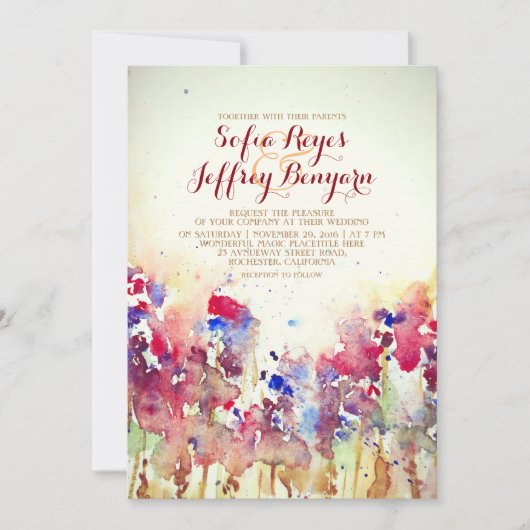 水彩ヴィンテージウェディング招待状 – 牧草地の花 招待状 (正面)