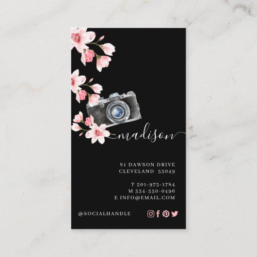 水彩ヴィンテージカメラ花の写真ブラック 名刺 (裏面)