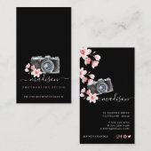 水彩ヴィンテージカメラ花の写真ブラック 名刺 (正面/裏面)