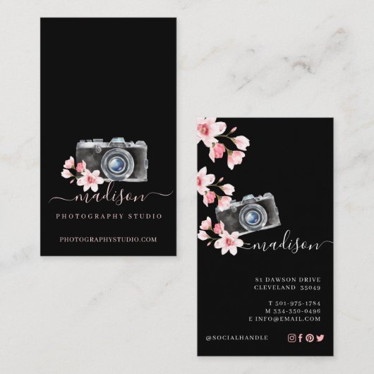水彩ヴィンテージカメラ花の写真ブラック 名刺 (正面/裏面)