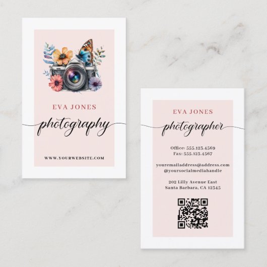 水彩ヴィンテージカメラ&花写真 名刺 (正面/裏面)