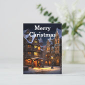 水彩ヴィンテージクリスマスウィンタービレッジシーン シーズンポストカード (スタンド正面)
