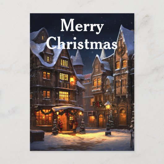 水彩ヴィンテージクリスマスウィンタービレッジシーン シーズンポストカード (正面)