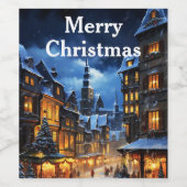 水彩ヴィンテージクリスマスウィンタービレッジシーン ワインラベル (シングルラベル)