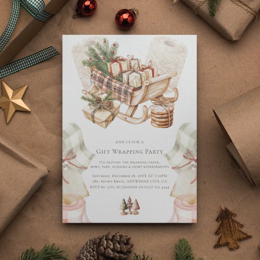 水彩ヴィンテージクリスマスギフトラッピングパーティー 招待状