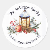 水彩ヴィンテージクリスマスランタンフルーツグリーン ラウンドシール (正面)