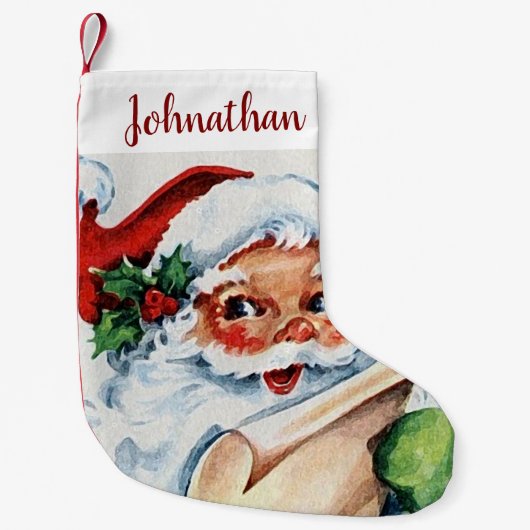 水彩ヴィンテージサンタクロース&スクリプト内の名前 スモールクリスマスストッキング (正面)