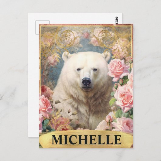 水彩ヴィンテージシロクマとピンクのバラ ポストカード (正面/裏面)