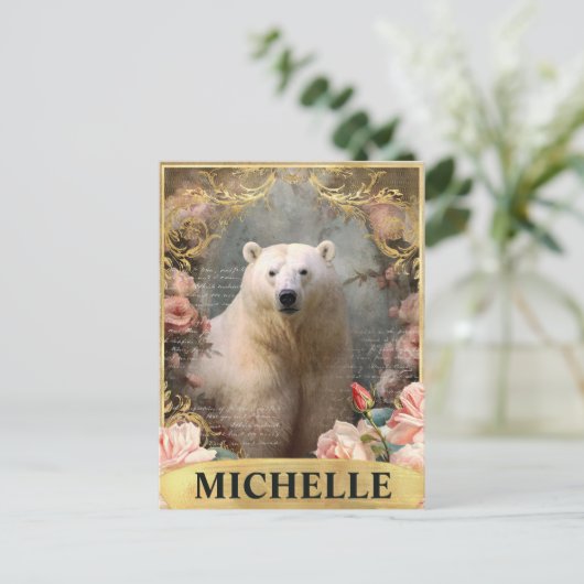 水彩ヴィンテージシロクマとピンクのバラ ポストカード (スタンド正面)