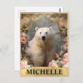 水彩ヴィンテージシロクマとピンクのバラ ポストカード (正面/裏面)