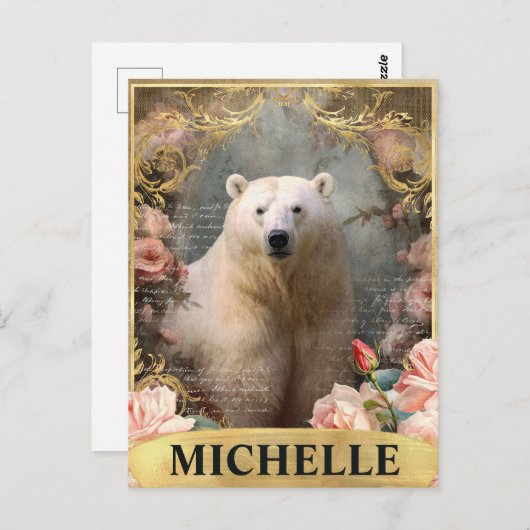 水彩ヴィンテージシロクマとピンクのバラ ポストカード (正面/裏面)