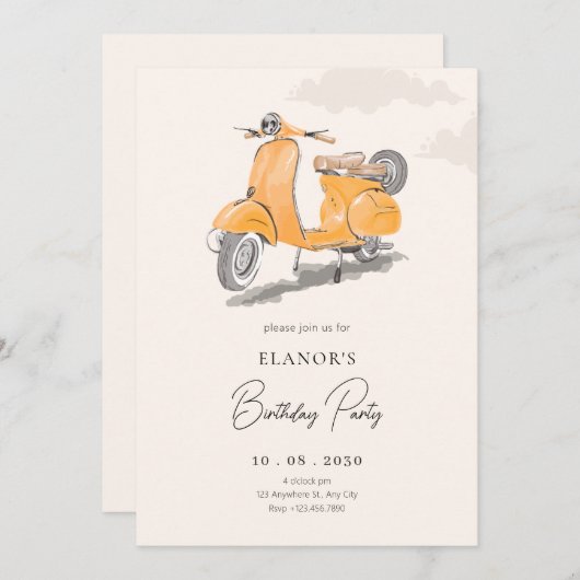 水彩ヴィンテージスクーター誕生日 招待状 (正面/裏面)