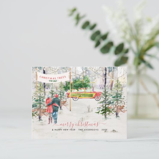 水彩ヴィンテージツリーファームクリスマスフォト ポストカード (スタンド正面)