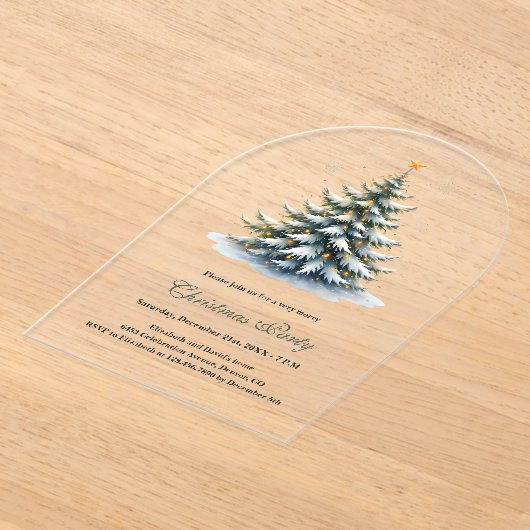 水彩ヴィンテージツリーミニマリストクリスマスパーティー アクリル招待状 (レイダウン)