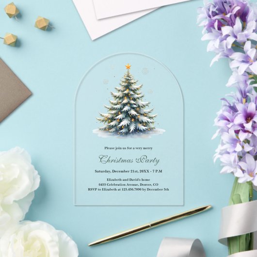 水彩ヴィンテージツリーミニマリストクリスマスパーティー アクリル招待状 (インサイチュ (ウェディング))