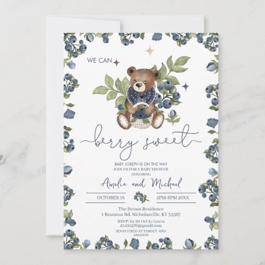 水彩ヴィンテージテディベリースイートベビーシャワー 招待状 (正面)