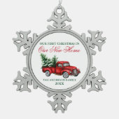 水彩ヴィンテージトラッククリスマスニューホーム スノーフレークピューターオーナメント (正面)