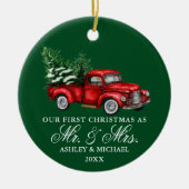 水彩ヴィンテージトラックミセス・クリスマスグリーン セラミックオーナメント (正面)