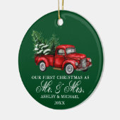 水彩ヴィンテージトラックミセス・クリスマスグリーン セラミックオーナメント (左)