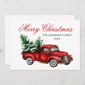 水彩ヴィンテージトラックレッドメリークリスマス シーズンカード (正面/裏面)