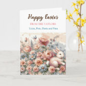 水彩ヴィンテージバニーと花イースター カード (黄色い花)