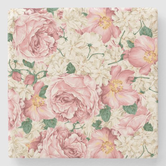 水彩ヴィンテージバラとアジサイ柄 ストーンコースター (正面)