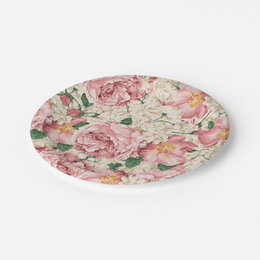 水彩ヴィンテージバラとアジサイ柄 ペーパープレート (アングル)