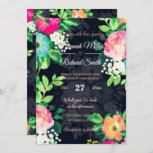 水彩ヴィンテージバラフローラダークブルーデザイン 招待状 (正面/裏面)