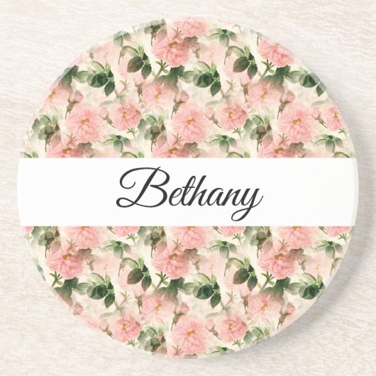 水彩ヴィンテージバラ花模様モノグラム コースター (正面)