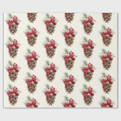 水彩ヴィンテージパインコーンレッドホリーベリー ラッピングペーパー (フラット)