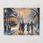 水彩ヴィンテージビクトリアン雪通り ポストカード (正面)