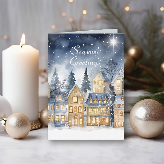 水彩ヴィンテージビレッジスターナイトクリスマス カード