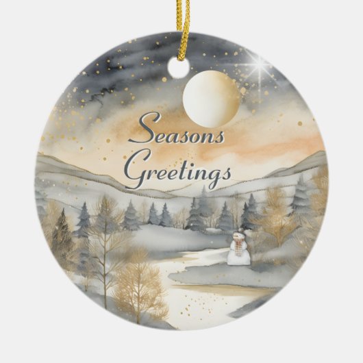 水彩ヴィンテージビレッジスターナイトクリスマス セラミックオーナメント (正面)