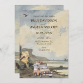 水彩ヴィンテージビーチおよびベンチ結婚ーズ 招待状 (正面/裏面)