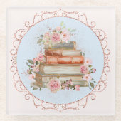 水彩ヴィンテージピンクローズ&ブックスフローラ ガラスコースター (正面)