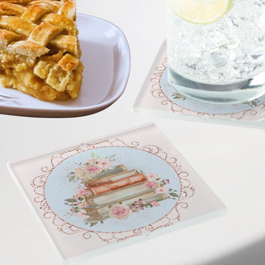 水彩ヴィンテージピンクローズ&ブックスフローラ ガラスコースター