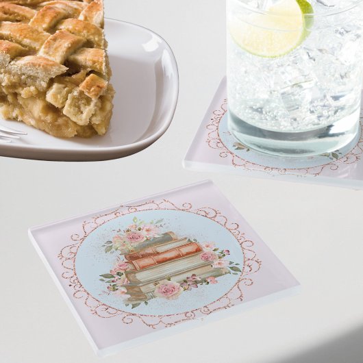 水彩ヴィンテージピンクローズ&ブックスフローラ ガラスコースター